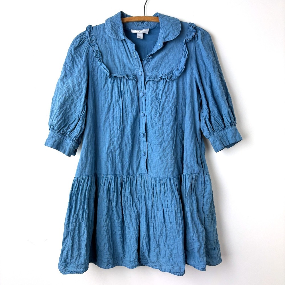 Sandy Liang Oversized Mini Shirt Dress XS Blue Crinkle Coquette Cottagecore Puff